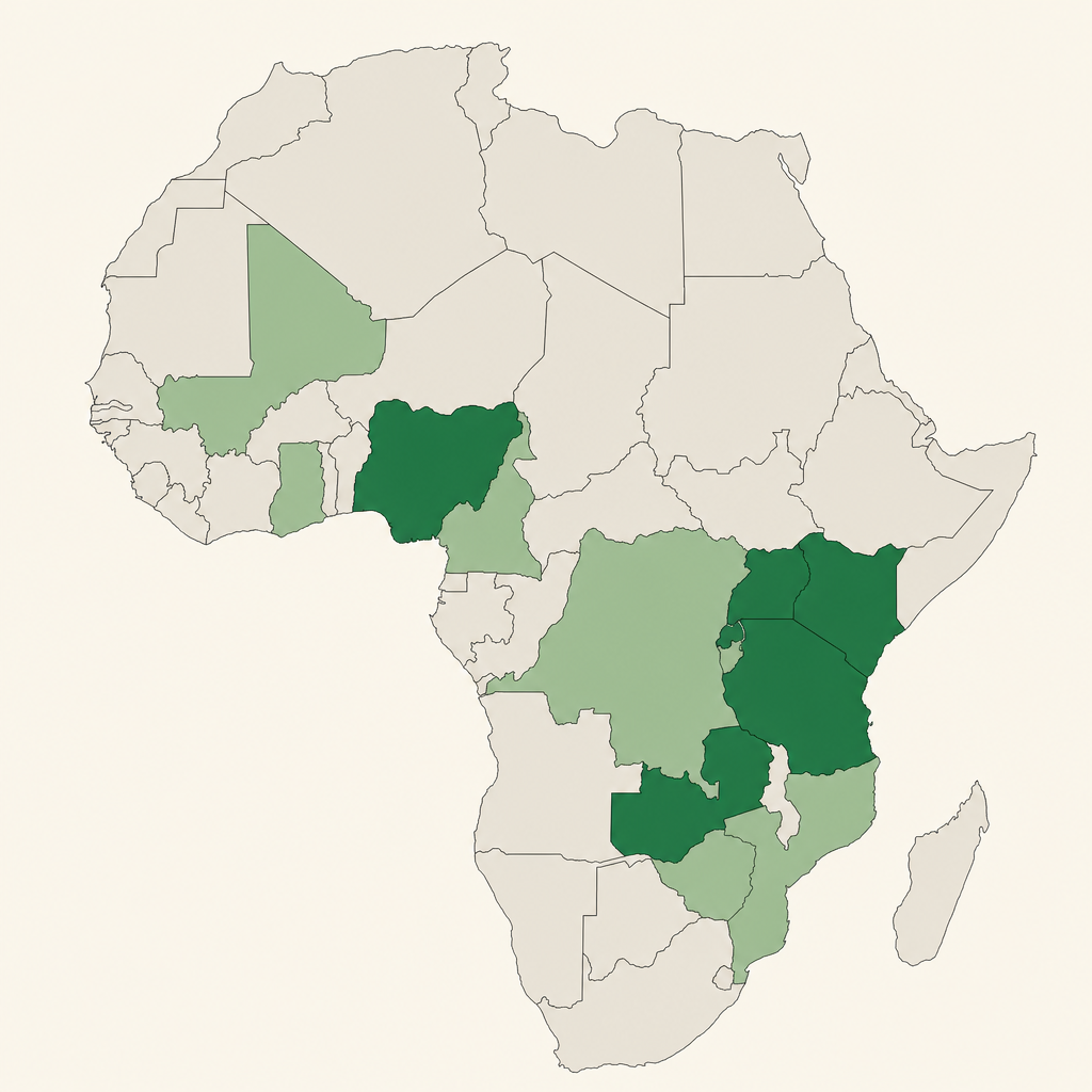 Map of Africa highlighting USSD gaming markets: Kenya, Tanzania, Uganda, Nigeria, Rwanda, Zambia, Lesothho and Ghana in dark green, with Mozambique, Zimbabwe, Cameroon, Mali, DRC and Burundi in lighter green.